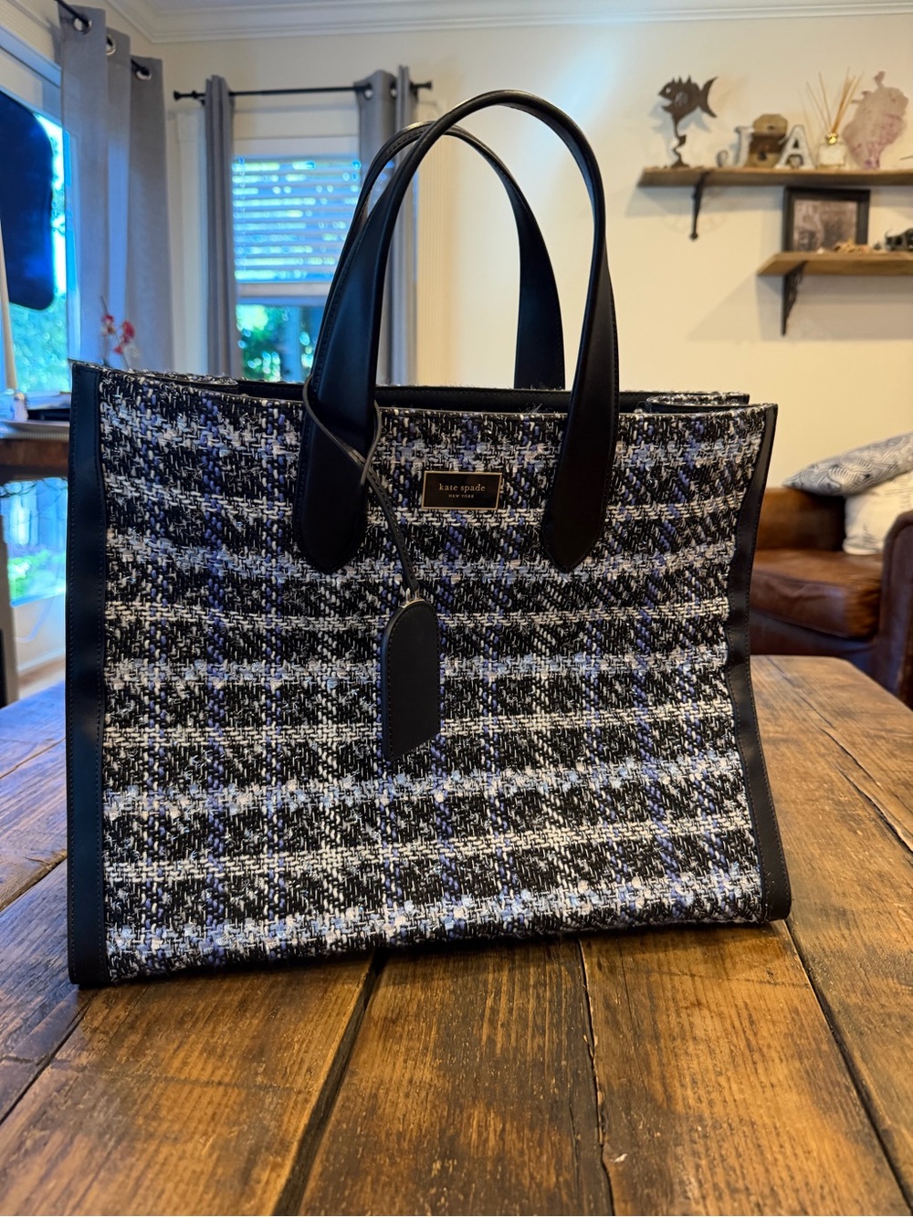kate spade Black, White & Gray Tweed Tote with Leather Trim